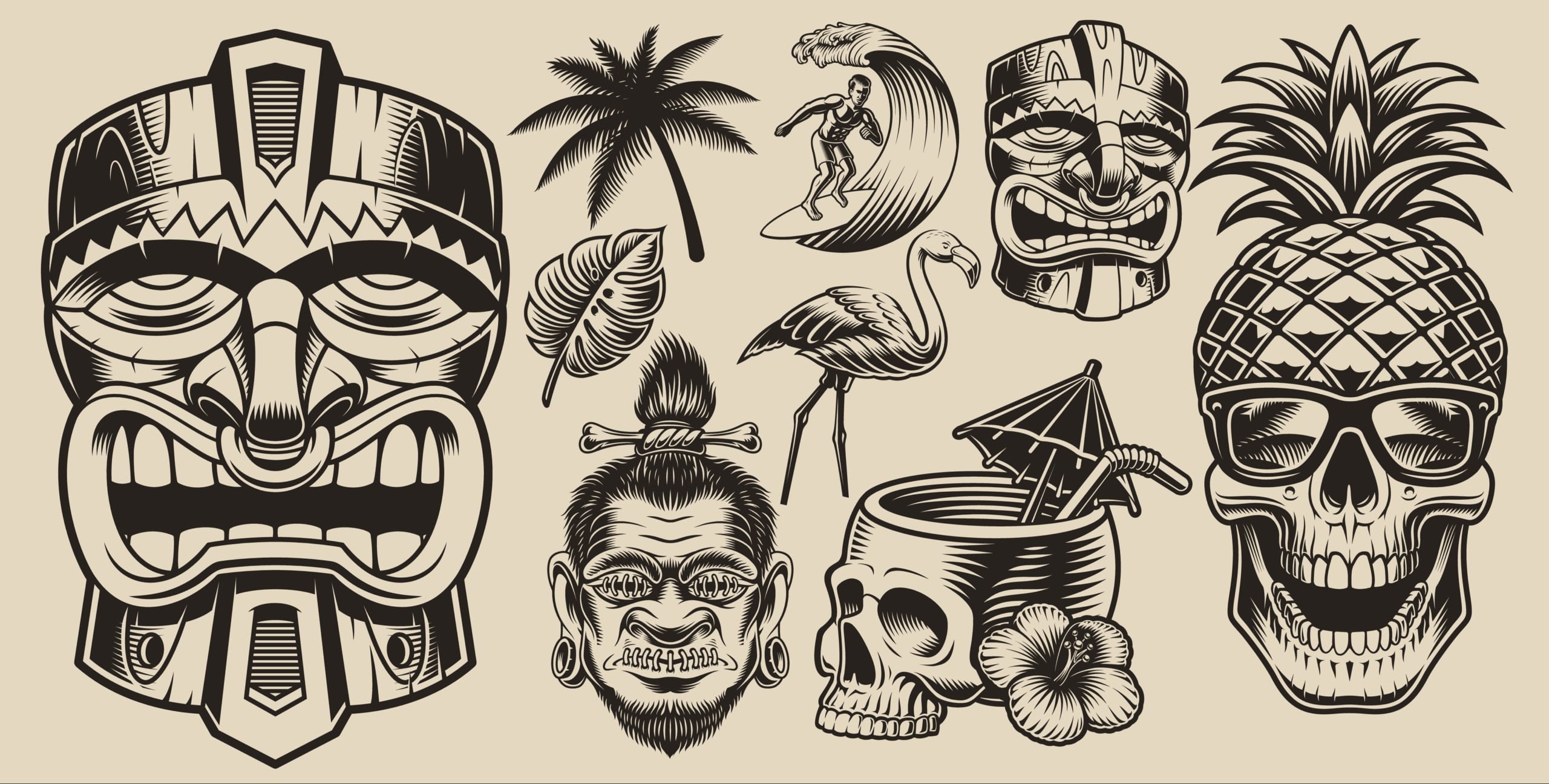 A traditional Tiki tattoo design, depicting a Polynesian figure with symbolic patterns.