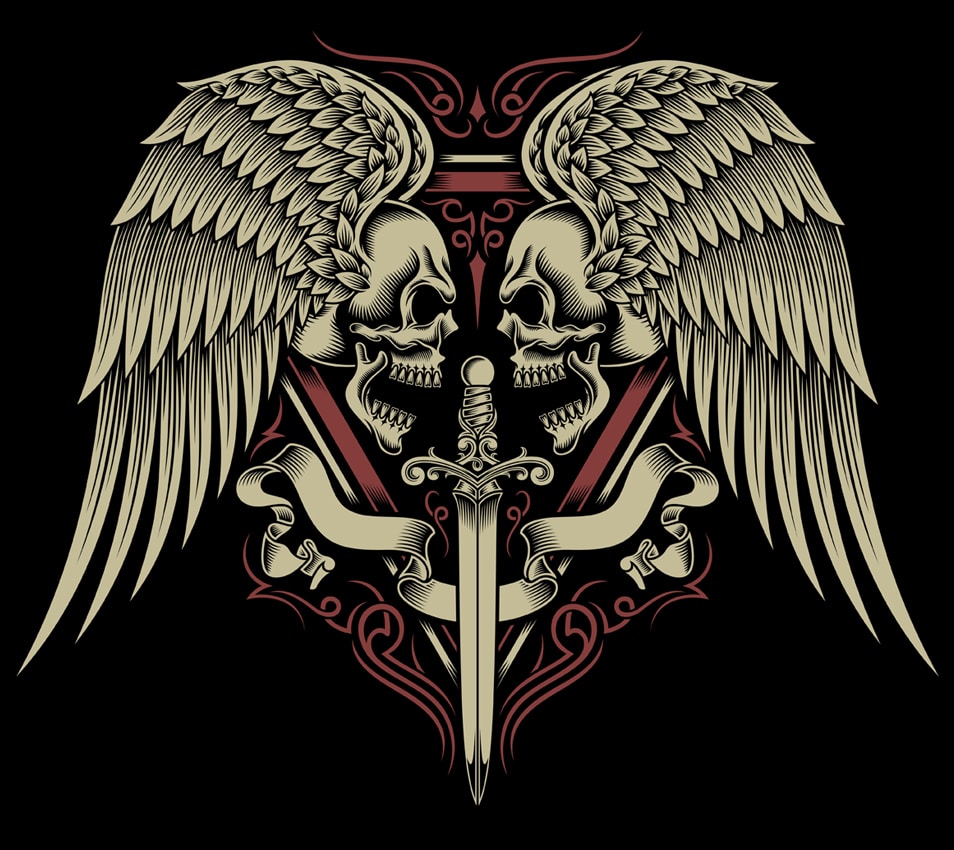 An artistic depiction of a detailed sword tattoo design.