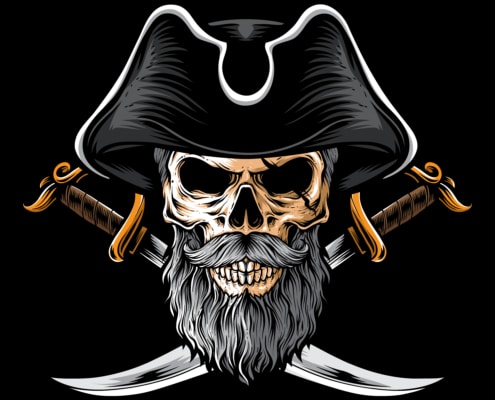 Tattoo of a pirate skull featuring crossed swords behind it, emphasizing the sharp and intricate design of the swords, with their blades gleaming and hilt details adding a bold, edgy touch.