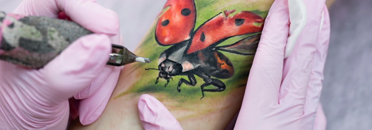 Color tattoo of a ladybug with bright red wings and black spots, detailed with realistic shading and fine linework