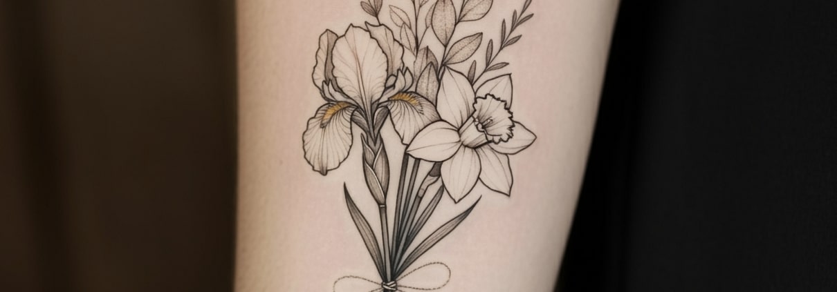 Close-up of a fine line floral tattoo on a person's arm, showcasing intricate and delicate ink work.