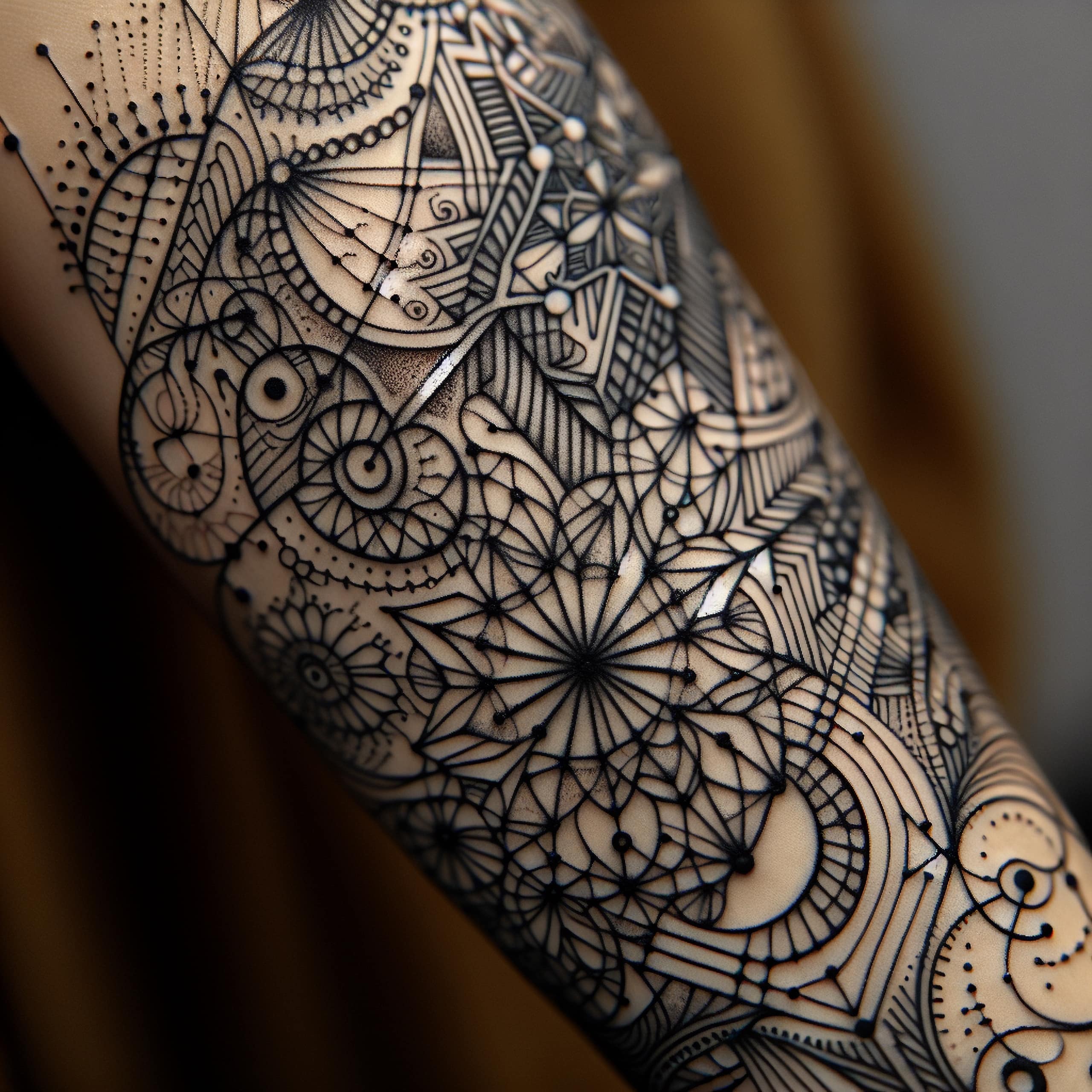 Close-up of an intricate geometric and mandala-style tattoo on an arm, featuring fine lines, symmetrical patterns, and ornamental details.