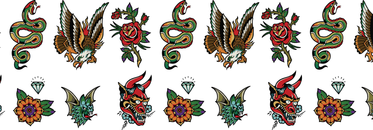 Traditional tattoo-style illustrations featuring a rose, snake, eagle, oni mask, flower with a diamond, and bat-like creature on a black background.