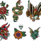 Traditional tattoo-style illustrations featuring a rose, snake, eagle, oni mask, flower with a diamond, and bat-like creature on a black background.